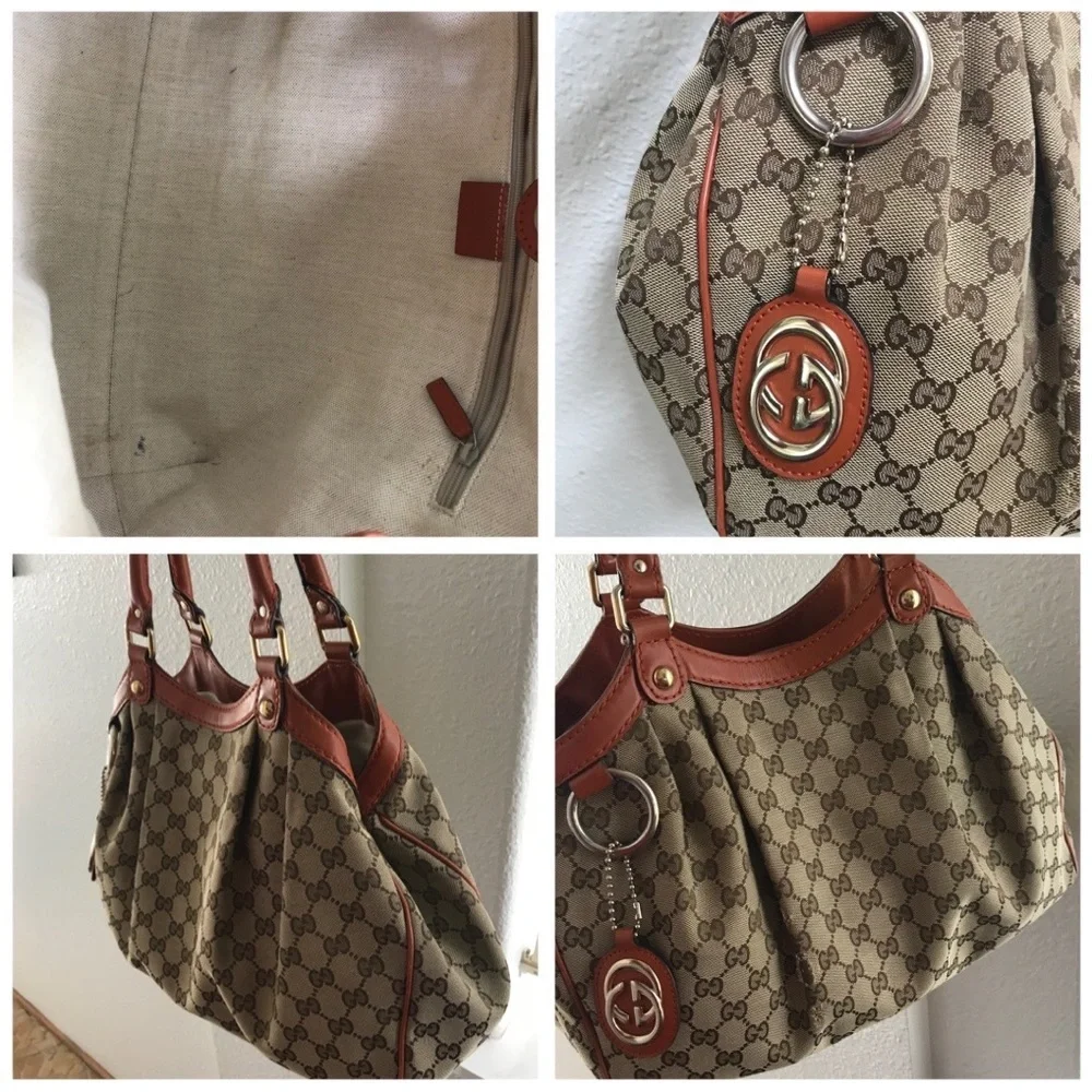Gucci GG Canvas Tote Bag Beige Monogram w/ Coral Orange Leather Trim & GG Charm - Picture 2 of 8